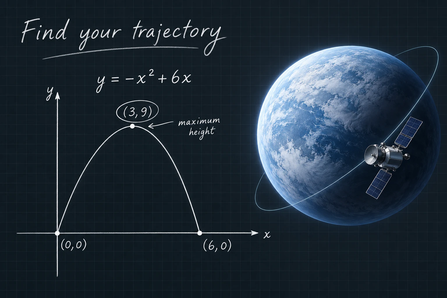 Amma SATprep study concept: handwritten y = −x² + 6x, roots (0, 0) and (6, 0), and vertex (3, 9), beside an icy-blue planet and satellite.
