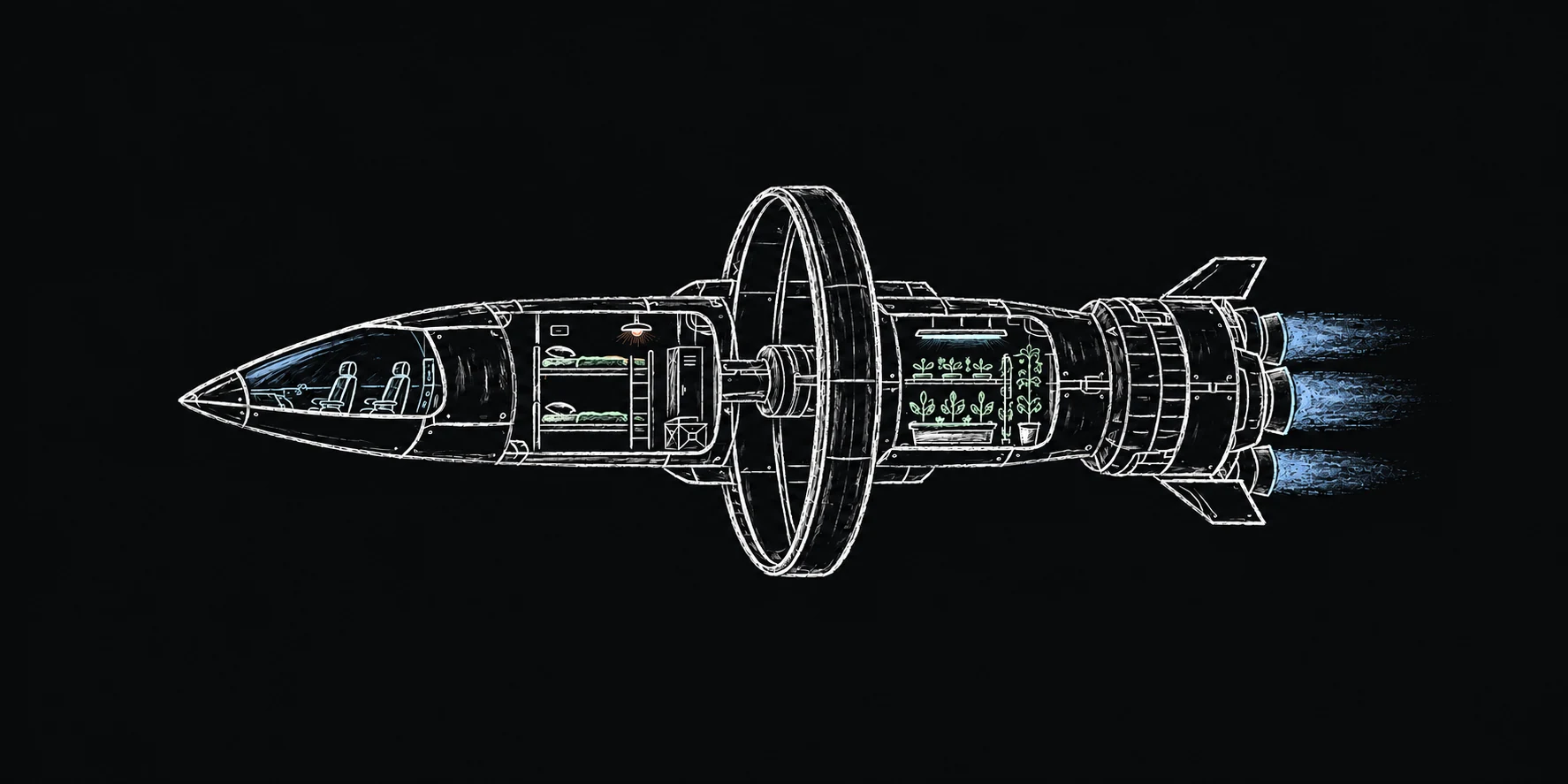 A compact hand-drawn cutaway of a spacecraft on a clean blackboard, with a two-seat cockpit, crew bunks, gravity ring, garden bay and ion engines.
